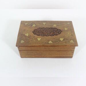 Vintage Carved Wood Box, Brass Inlay Indian Indo, Lidded, Wooden Carving, Floral